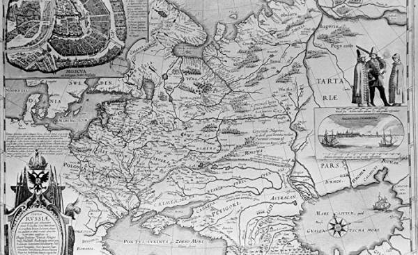 Карта России, выполненная на основе чертежа 1600-1605 годов, составленного царевичем Федором Борисовичем Годуновым и гравированная в Голландии