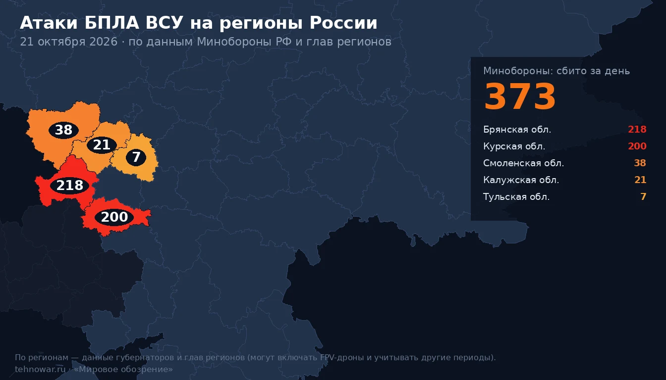 Карта атак БПЛА ВСУ на регионы России за 21 октября: где сбиты беспилотники