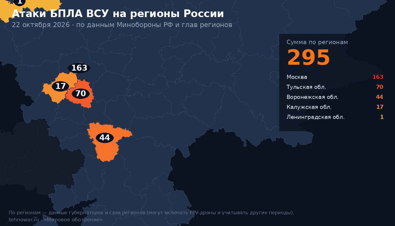 Карта атак БПЛА ВСУ на регионы России за 22 октября: где сбиты беспилотники