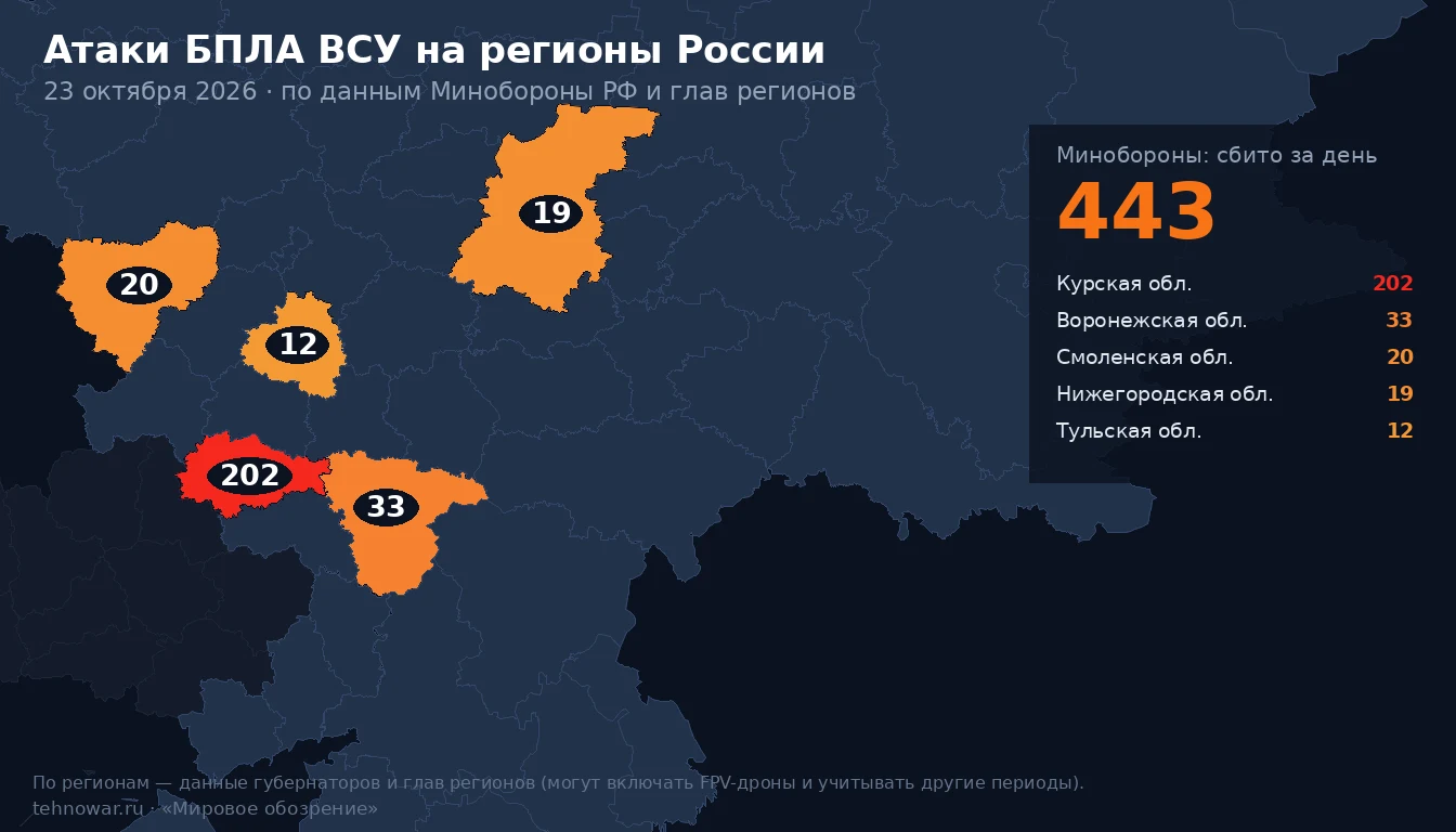 Карта атак БПЛА ВСУ на регионы России за 23 октября: где сбиты беспилотники
