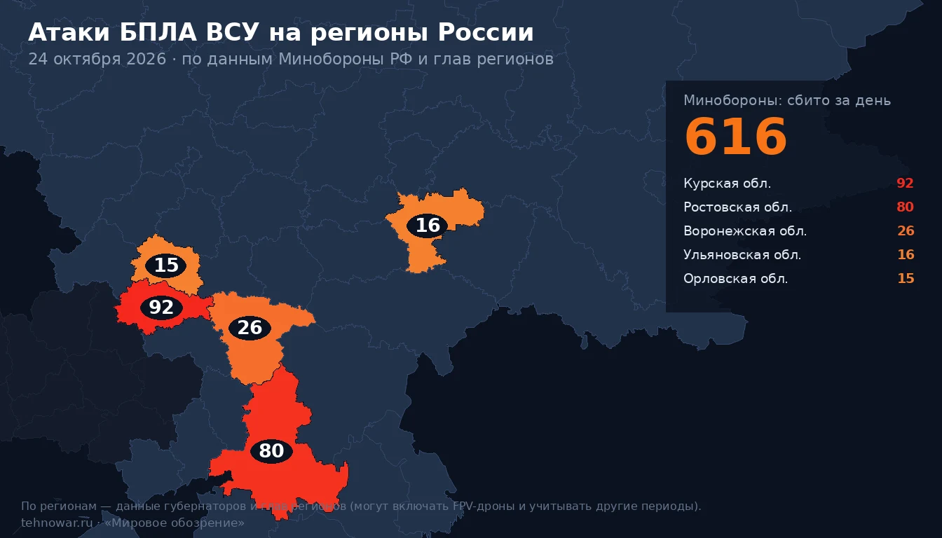 Карта атак БПЛА ВСУ на регионы России за 24 октября: где сбиты беспилотники