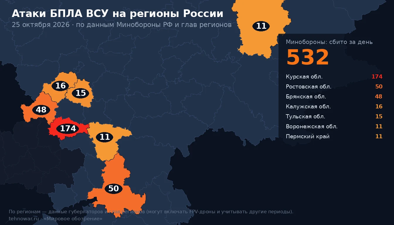 Карта атак БПЛА ВСУ на регионы России за 25 октября: где сбиты беспилотники
