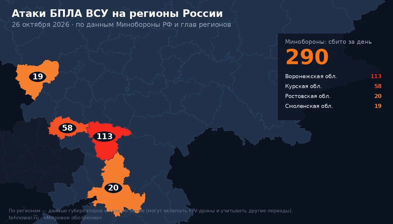 Карта атак БПЛА ВСУ на регионы России за 26 октября: где сбиты беспилотники
