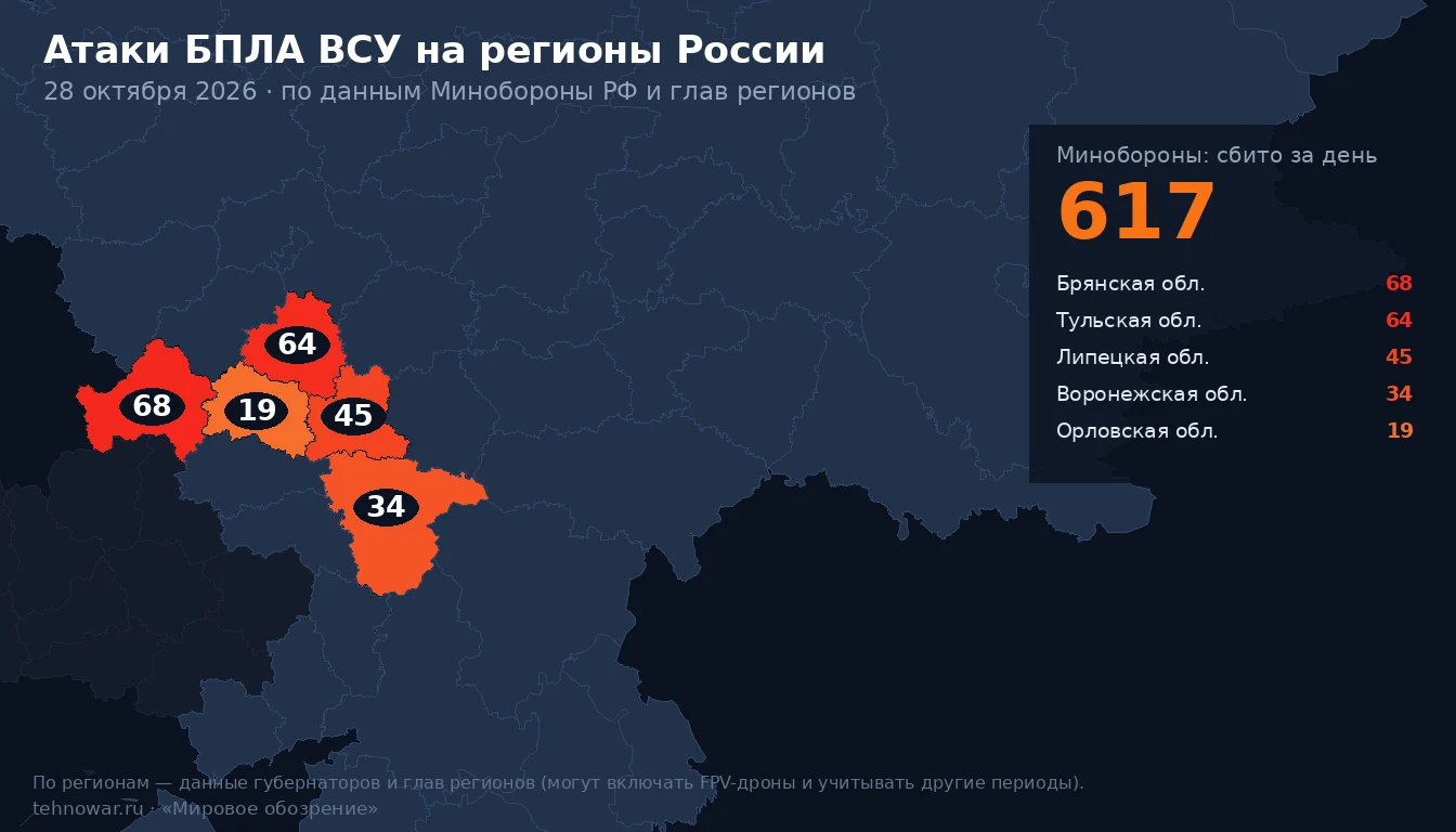 Карта атак БПЛА ВСУ на регионы России за 28 октября: где сбиты беспилотники