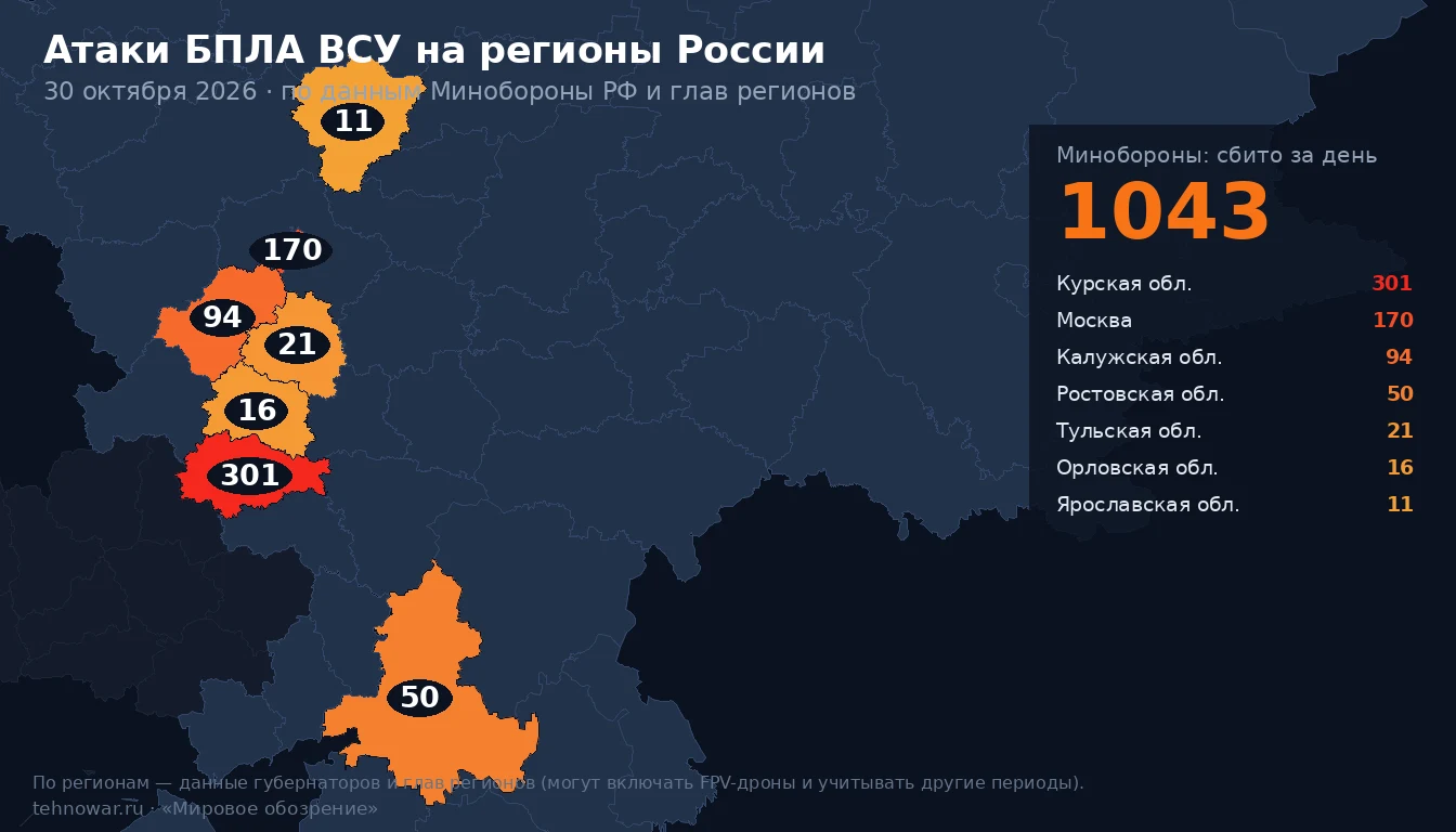 Карта атак БПЛА ВСУ на регионы России за 30 октября: где сбиты беспилотники