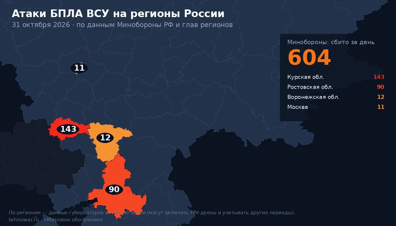 Карта атак БПЛА ВСУ на регионы России за 31 октября: где сбиты беспилотники