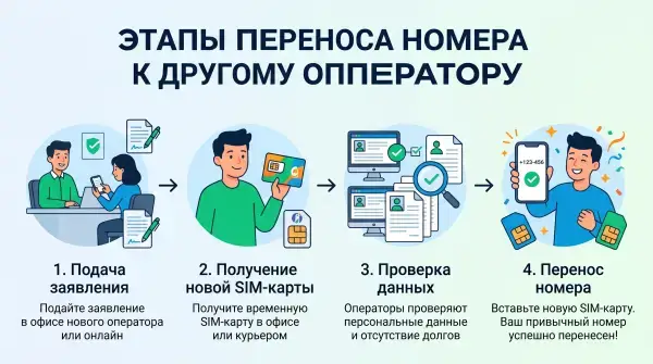 Этапы переноса номера к другому оператору: заявление, новая SIM, проверка, перенос