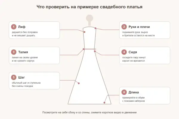 Чек-лист примерки свадебного платья: лиф, талия, руки, сидя, шаг и длина